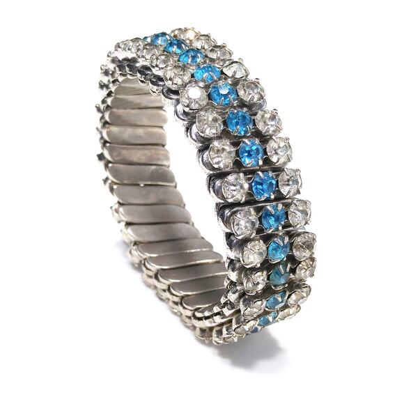 Vintage Rhinestone Expansion Bracelet, Clear & Turquoise, 1950s - Picture 3 of 10